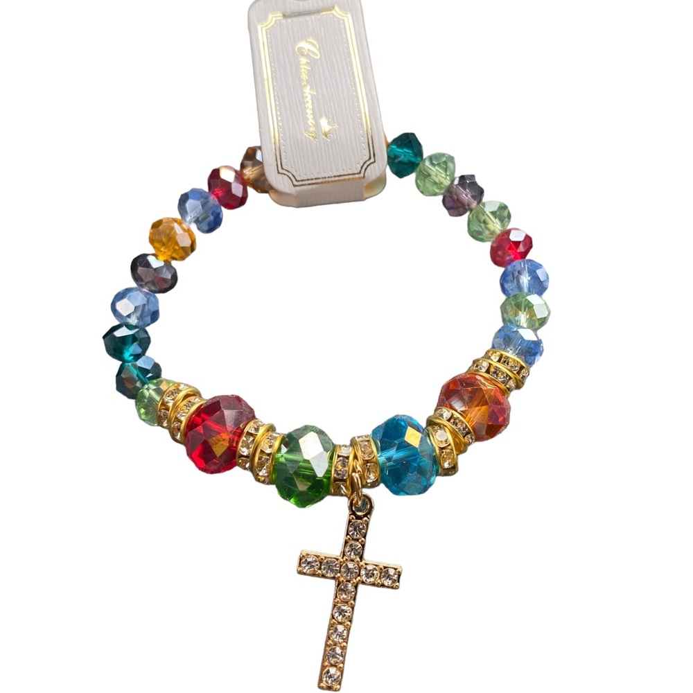 Multicolored Beaded Stretch Bracelet with Rhinestone Cross Charm